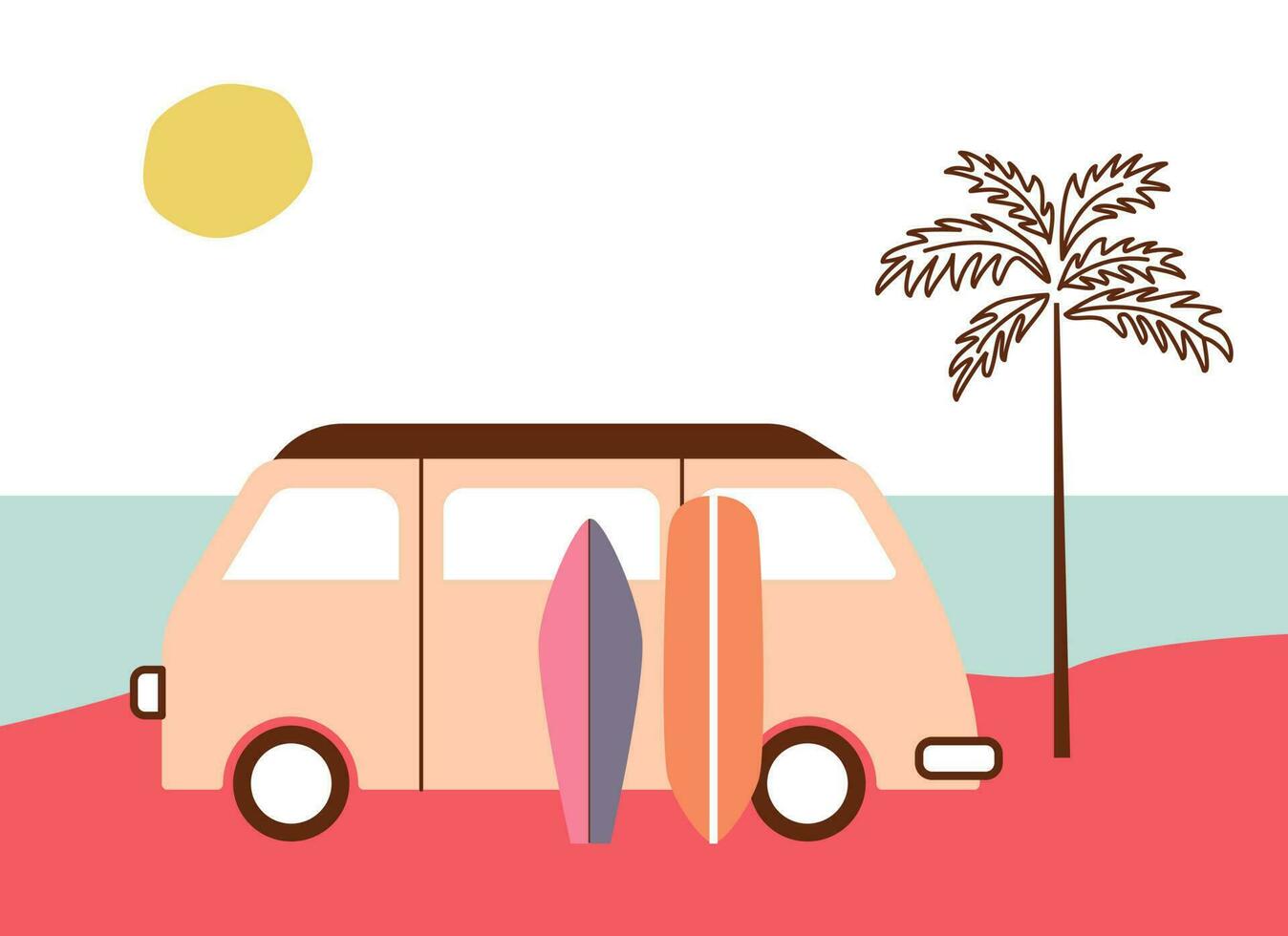 Summer beach landscape with bus, palm and surf boards in retro style. Modern minimalism style. Nostalgia vibes. vector