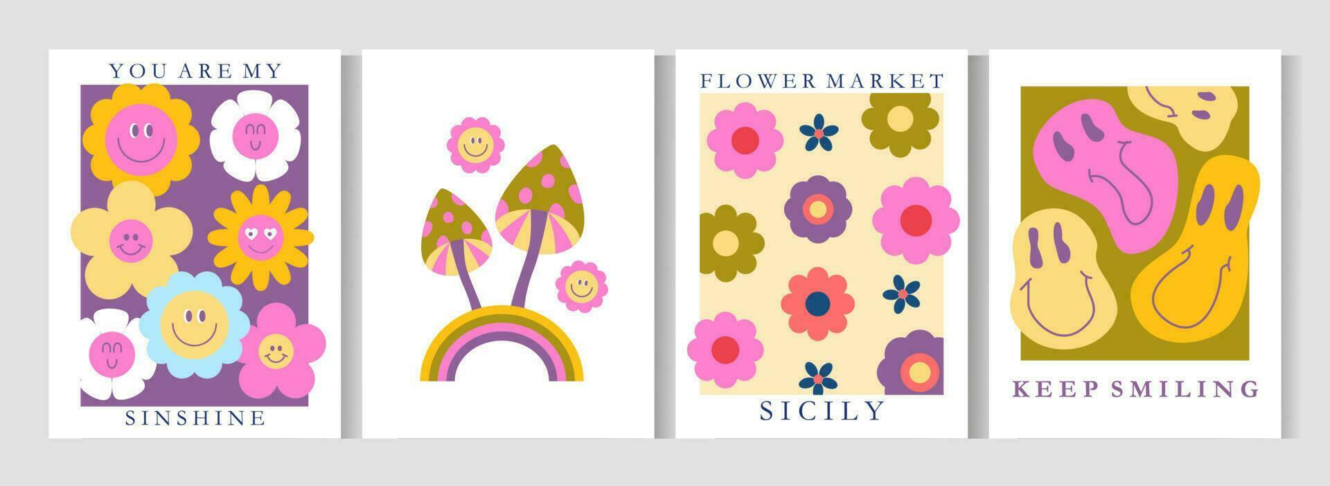 Set of 70s retro revival posters. Groovy flowers, psychedelic mushrooms, retro vintage lettering. Smiling faces, rainbow. Poster, flyer, card, banner design. Background vector
