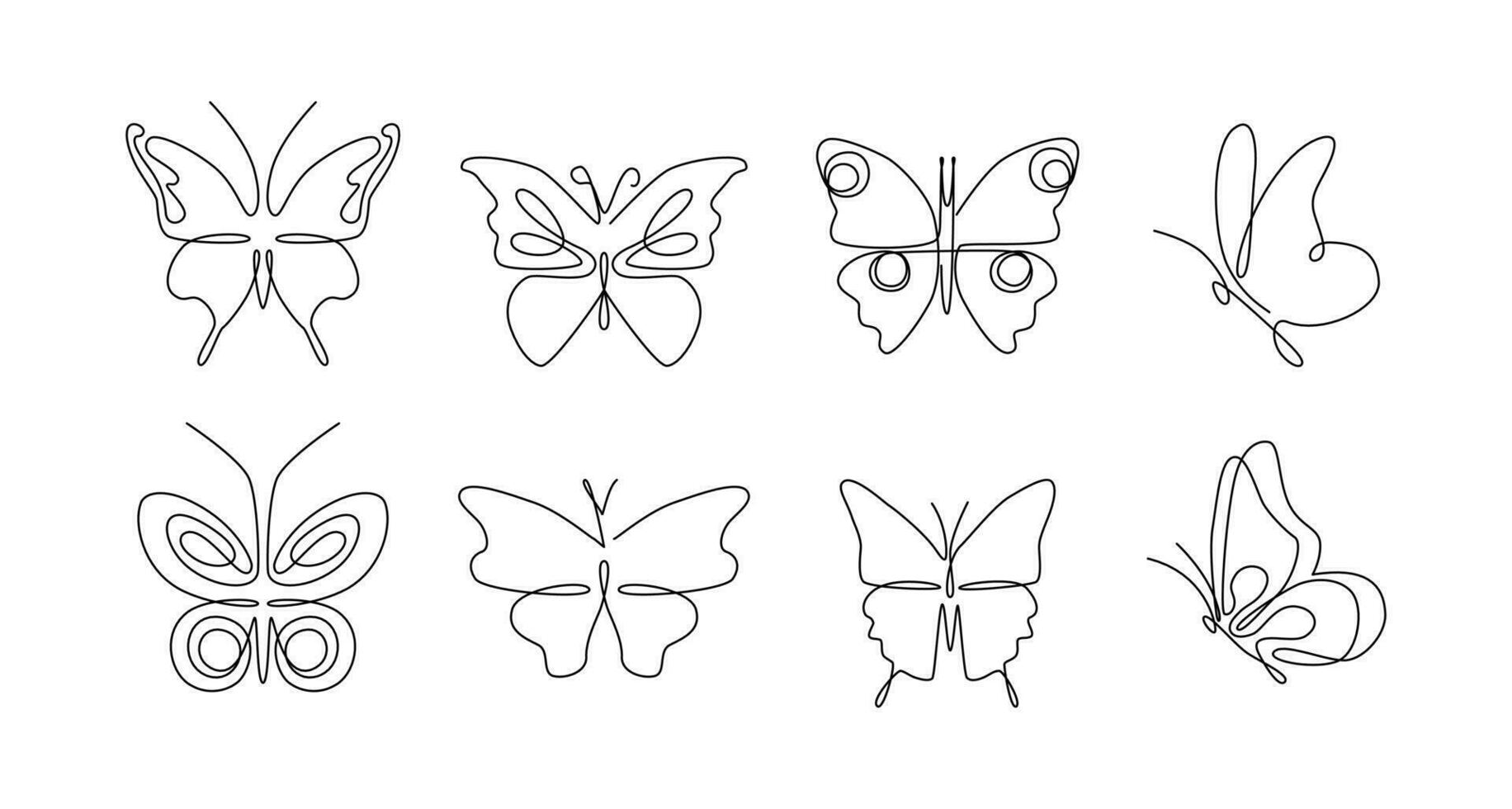 Continuous one line drawing. One line art. Set of beautiful butterflies. Abstract continuous line. vector