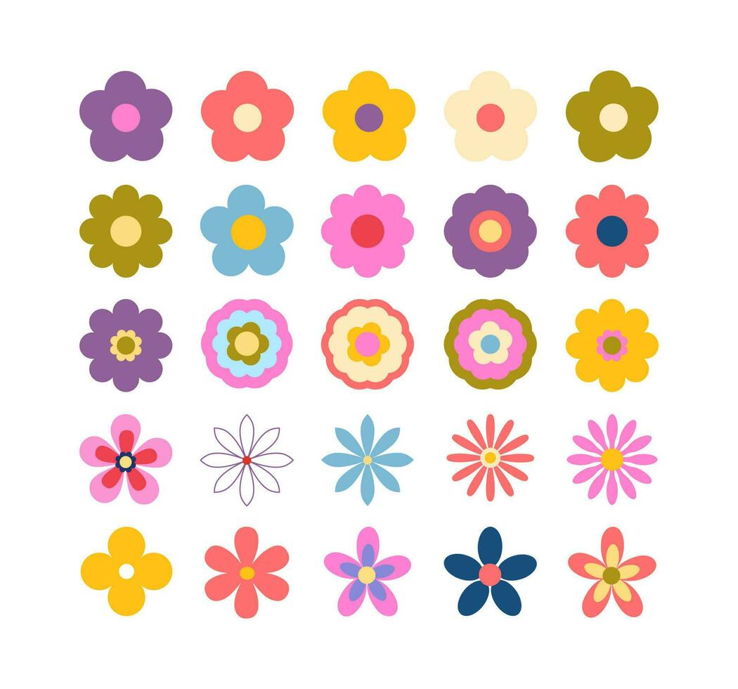 Set of cute 70s retro groovy flowers. Colorful vintage Camomile and daisies clipart. Isolated on white background. Hippie psychedelic vibes. Stickers vector