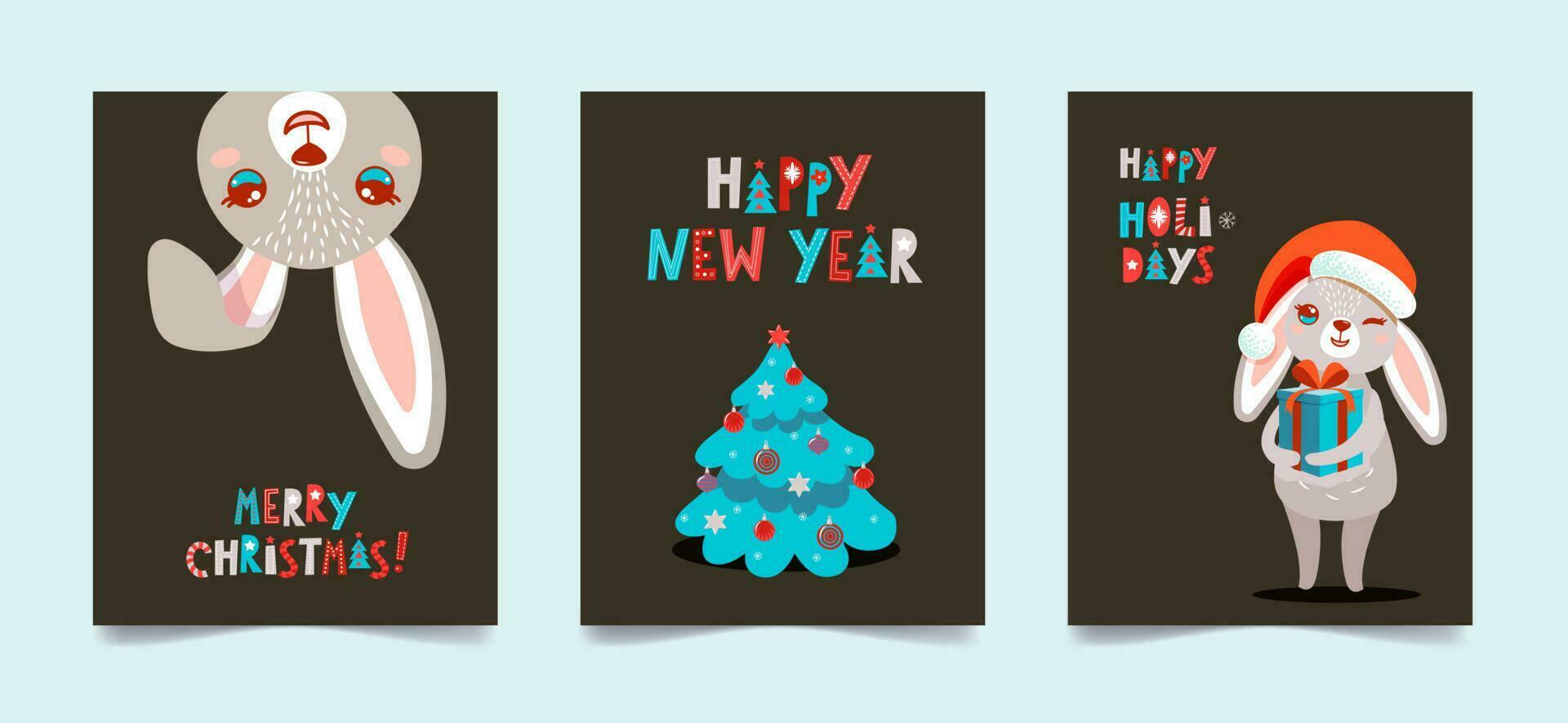 Set of Christmas cards with cute bunnies and Christmas tree.Seasonal greetings. Happy holidays, merry christmas and happy new year vector
