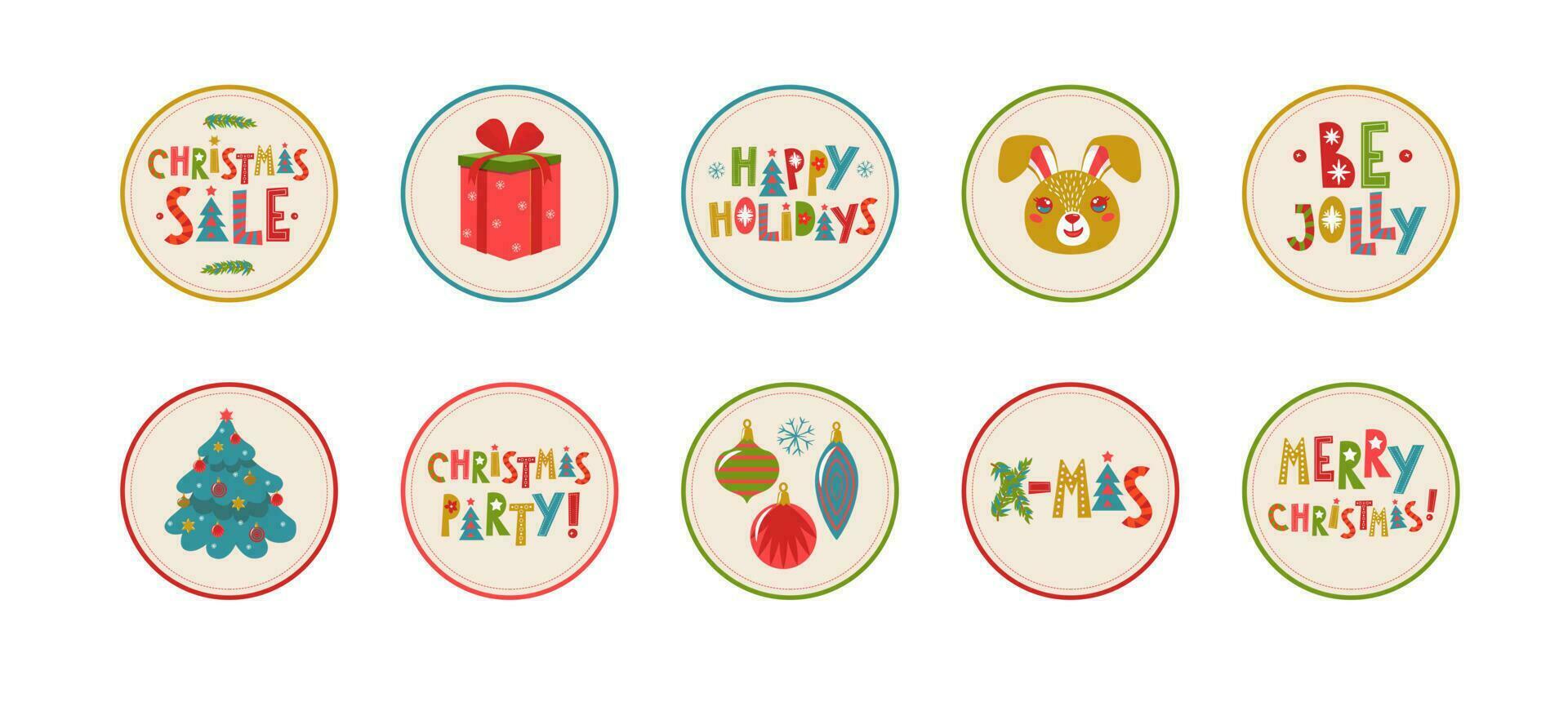 Set of round Christmas stickers. Christmas labels and stickers to decorate gifts for the winter holidays. vector