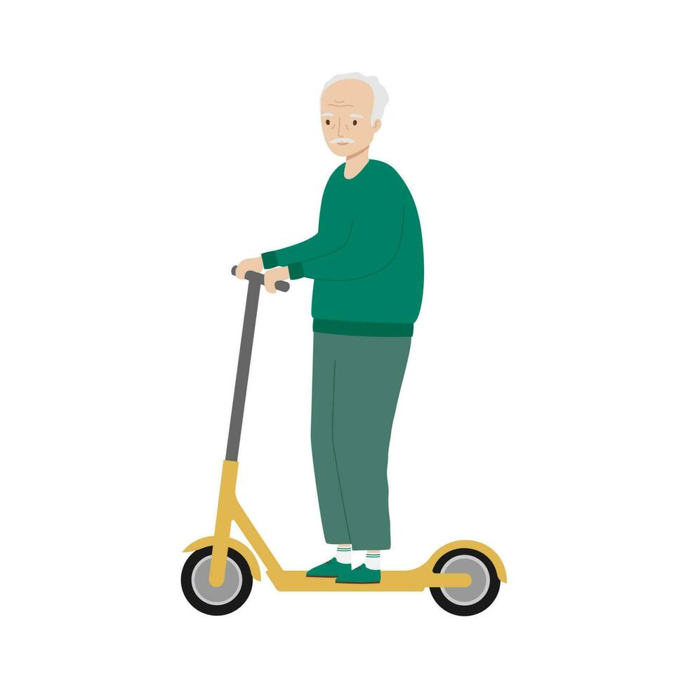 Senior man riding kick scooter. Old man riding electric scooter