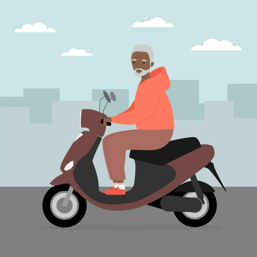 Senior man traveling on modern motor scooter. Old man riding electric scooter in the city vector