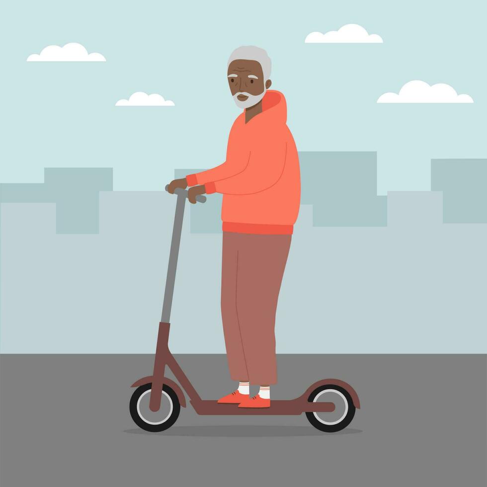 Senior man riding kick scooter. Old man riding electric scooter in the city vector