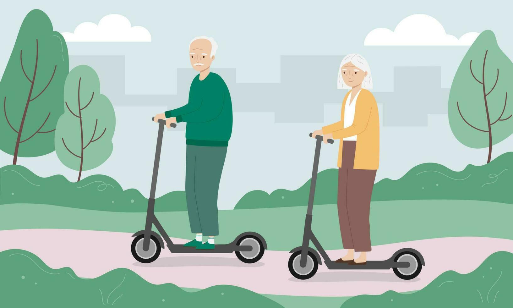 Senior man and woman riding kick scooter. Old man and woman riding electric scooter in the city park vector