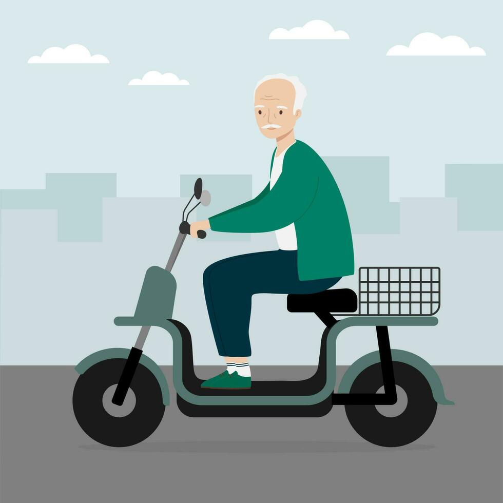 Senior man riding modern electric bike scooter in the city. Urban eco transport vector