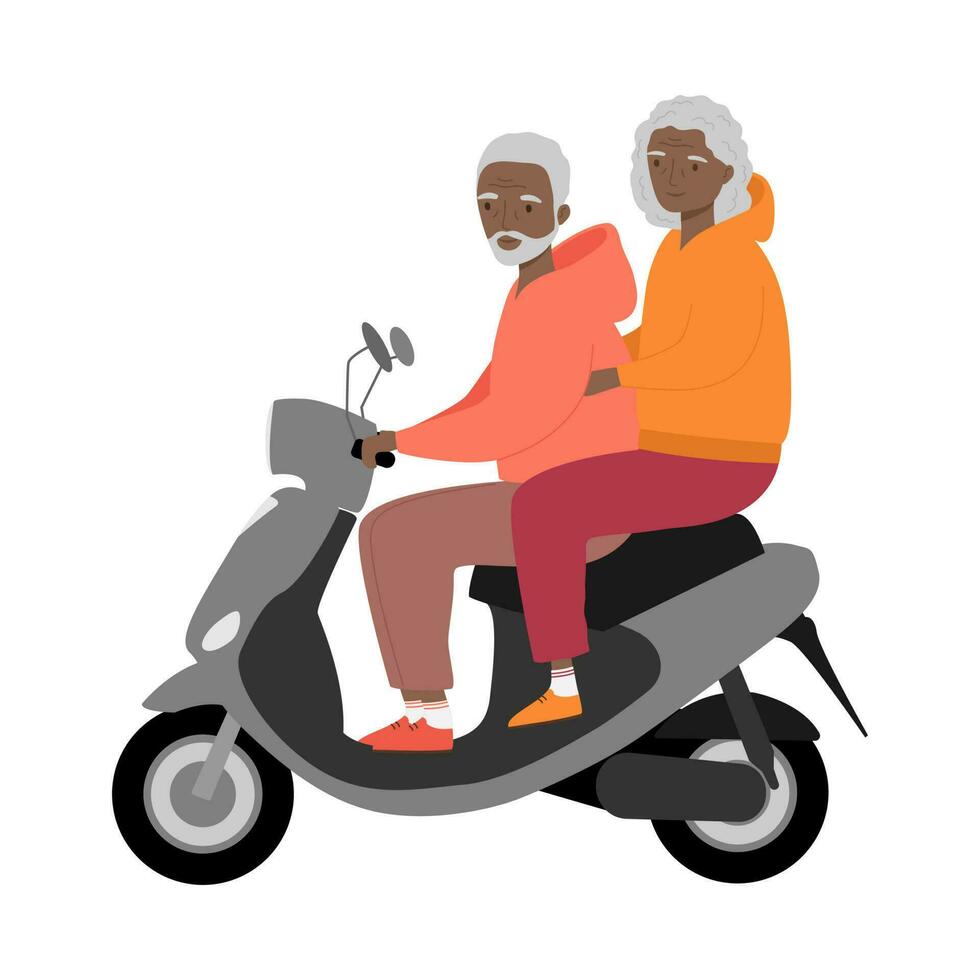 mayor hombre y mujer de viaje en moderno motor scooter. antiguo hombre y mujer montando eléctrico scooter vector