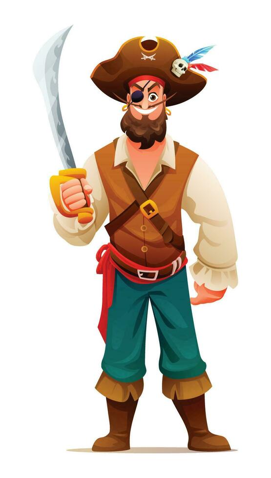 Pirate holding a sword cartoon character design illustration vector