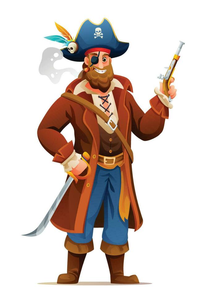 Pirate holding a pistol and sword. Cartoon character design illustration vector