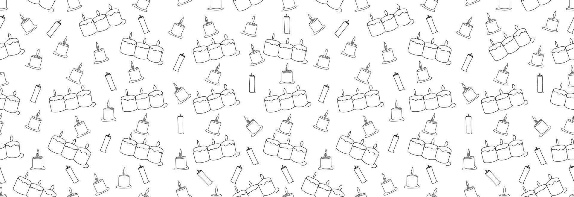 Many candles in a black outline on a white background, seamless pattern. vector