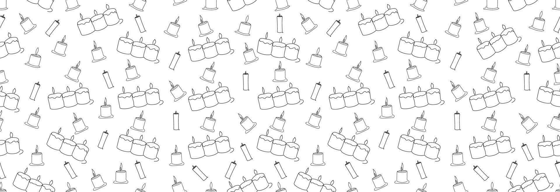 Many candles in a black outline on a white background, seamless pattern. vector