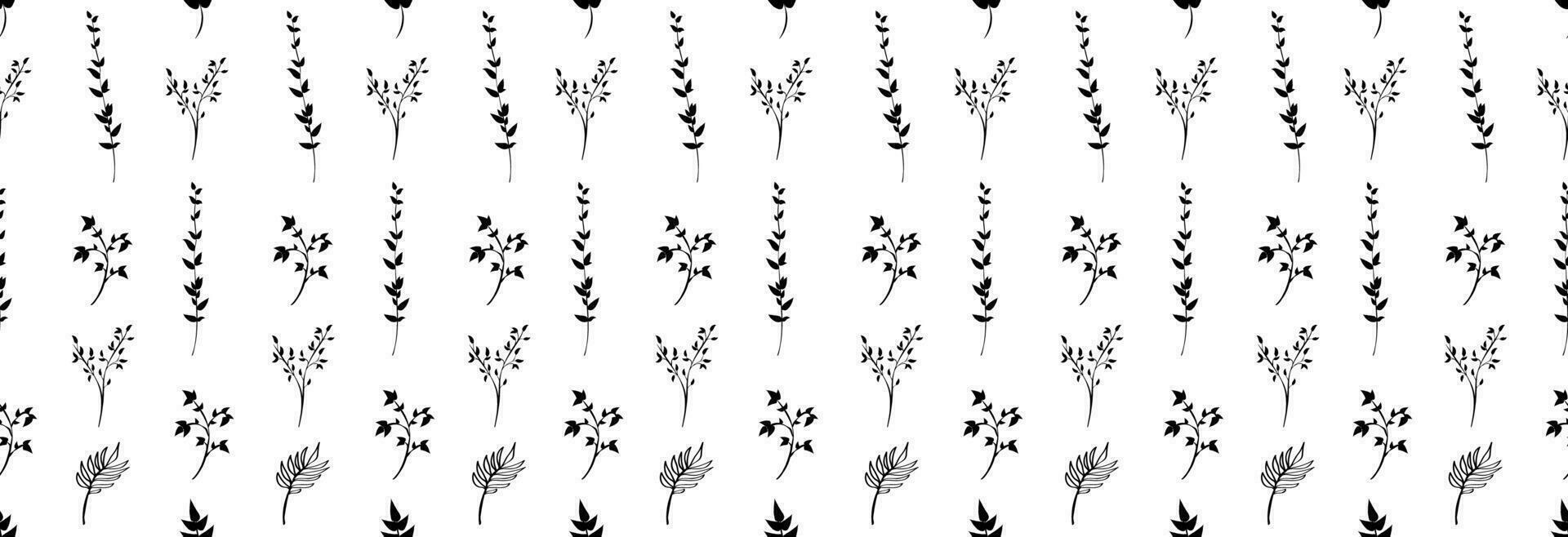 Flower plants with leaves of different shapes on a white background. Seamless pattern. vector