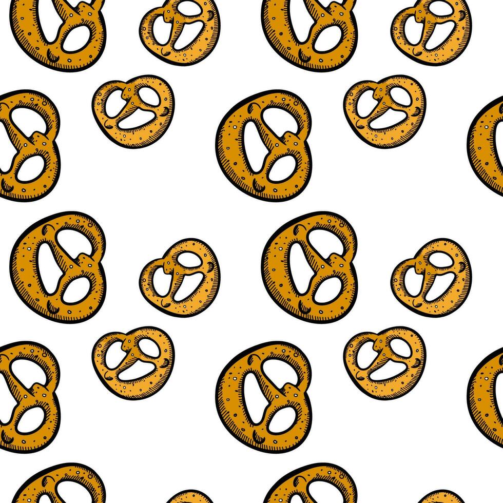 Pretzel Oktoberfest Seamless Pattern. Fresh organic products. Illustration hand-drawn pattern on white. Oktoberfest food. Traditional beer snack. Ideal for textiles, packaging, paper printing vector