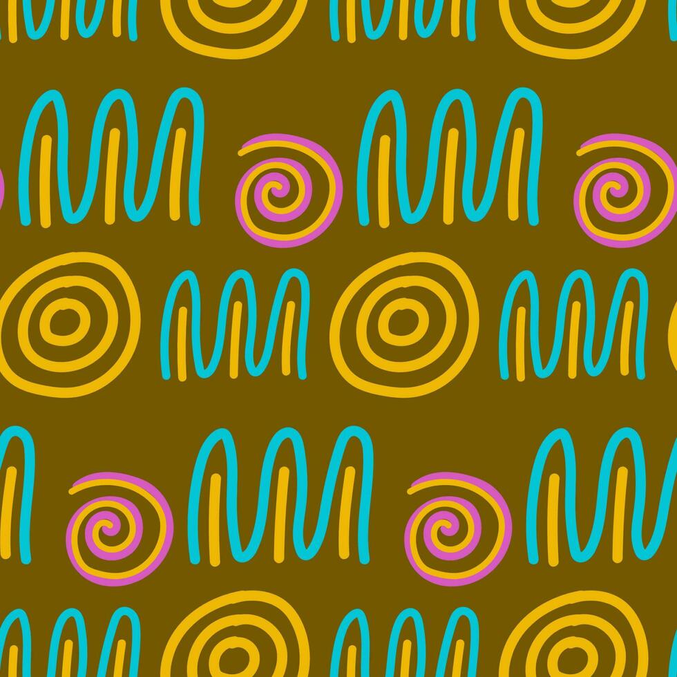 Seamless pattern squiggle scribble in 90s style. Bright colorful abstract doodle design with spiral, rounded shapes, geometric lines, curly. For textiles, paper, fabrics, wallpaper, wrapping. vector