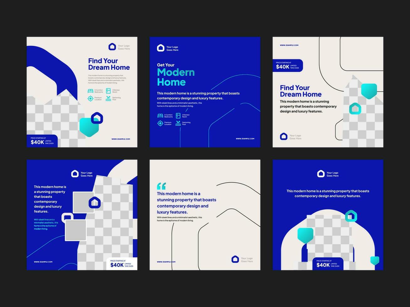 Collection Set of Simple and Clean Blue Banner and Social Media Post Template for Property, Home, and Real Estate Sale Promotions vector