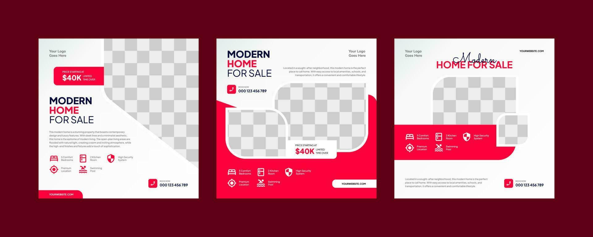 Collection of Modern Home, Real Estate, and Property for Sale Web Square Banner Social Media Post Template Promotion vector