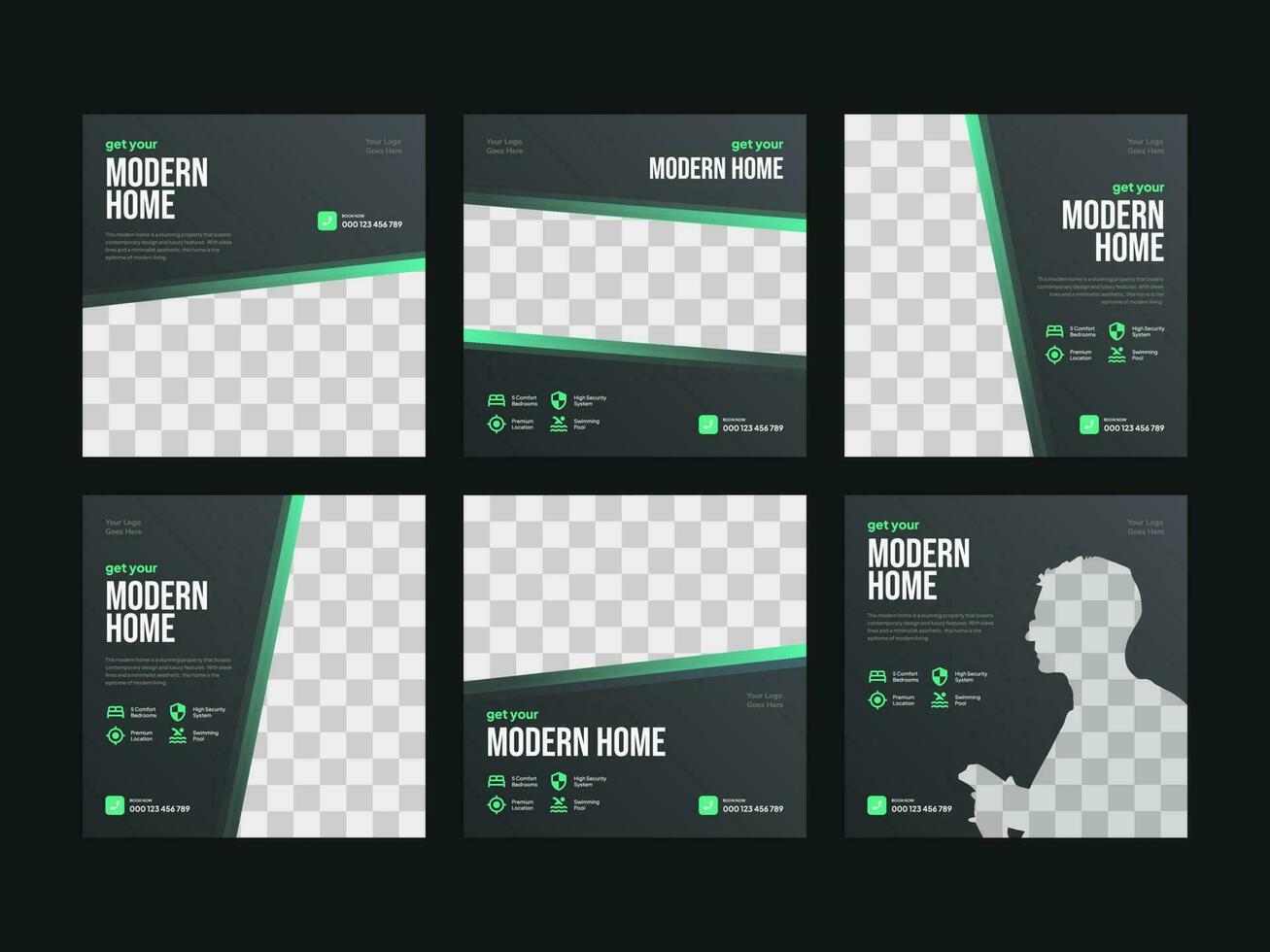 Complete Collection of Modern Home, Real Estate, and Property Presentations Gray and Green Square Banners for Flyers, Social Media Posts, and Feed Templates for Promotional Use vector