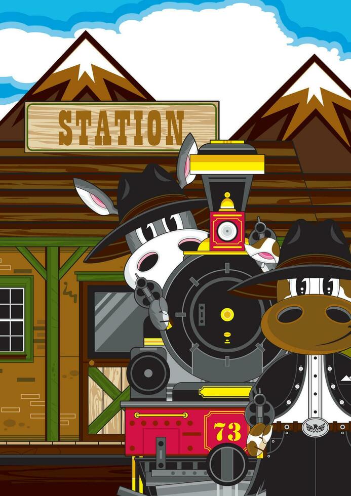 Cute Cartoon Wild West Donkey and Cow Gunslinger Cowboys with Western Style Steam Train vector