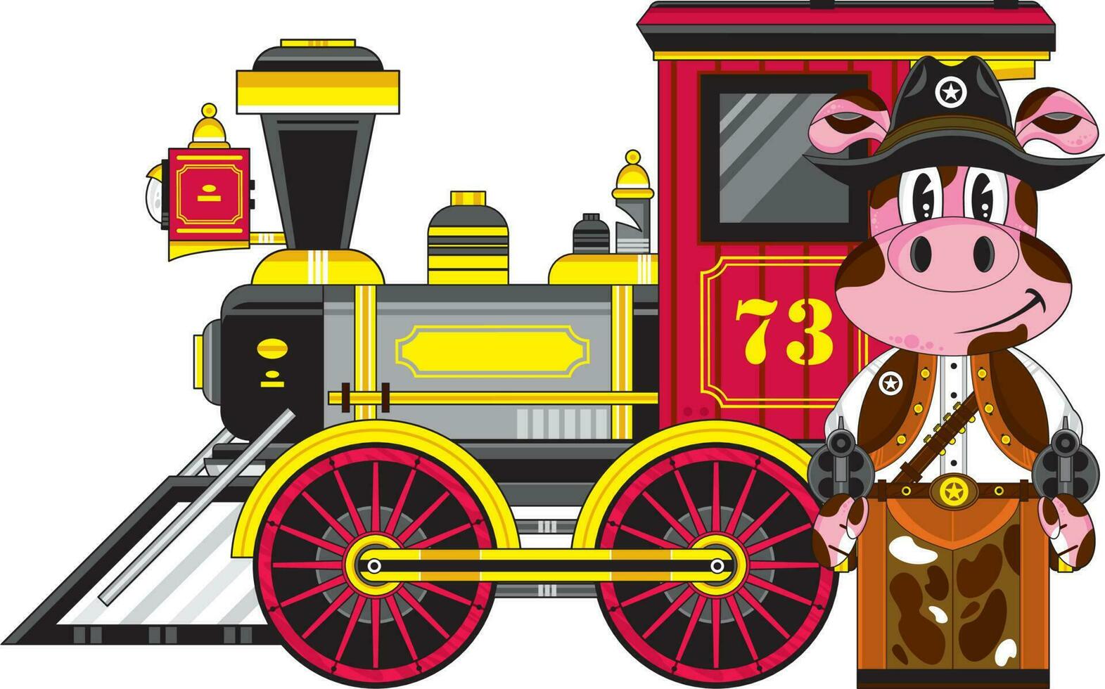 Cute Cartoon Wild West Pig Gunslinger Cowboy Sheriff with Western Style Steam Train vector