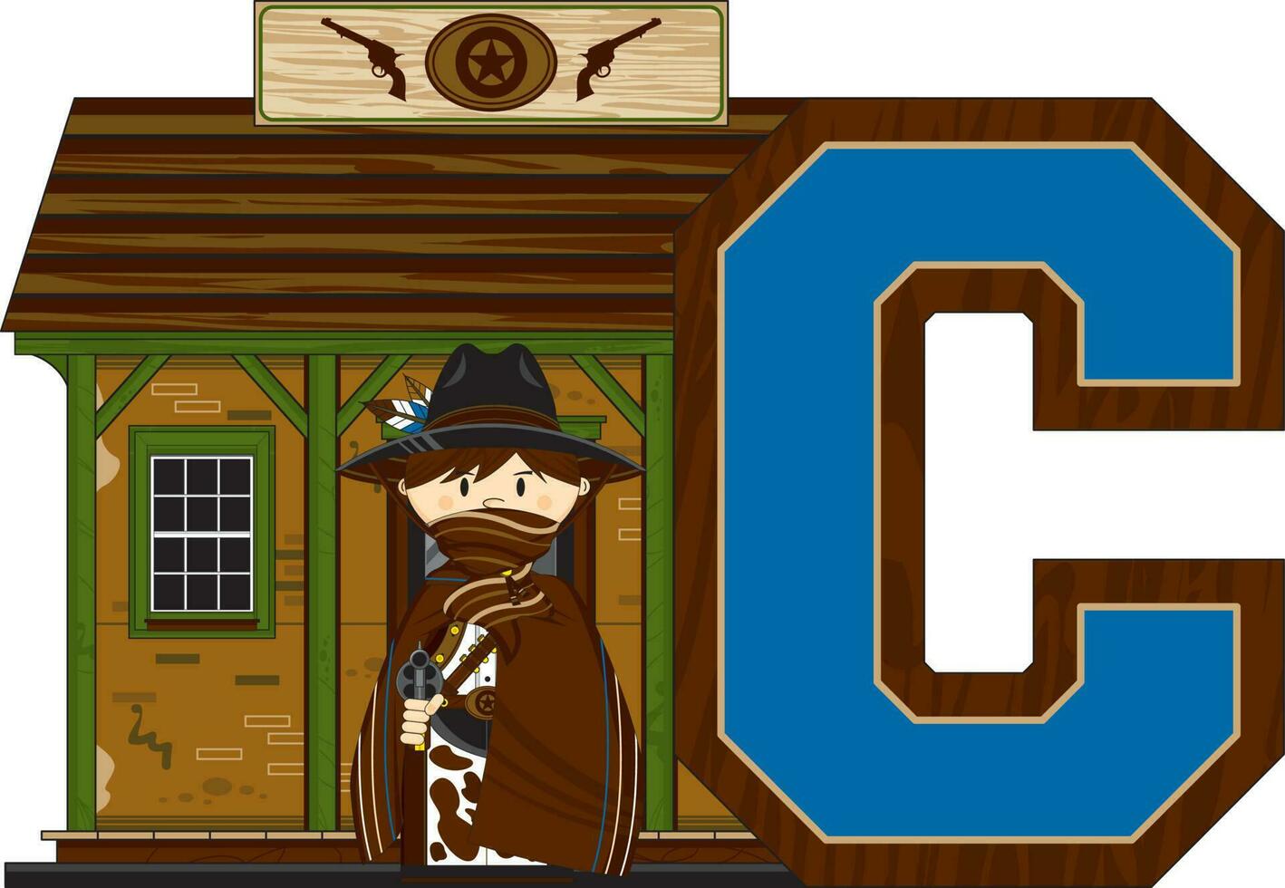 C is for Cowboy at the Jail Wild West Alphabet Learning Educational Illustration vector