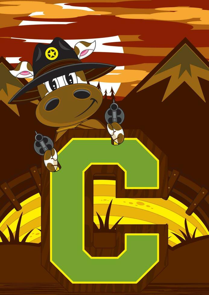C is for Cow Cowboy Wild West Alphabet Learning Educational Illustration vector