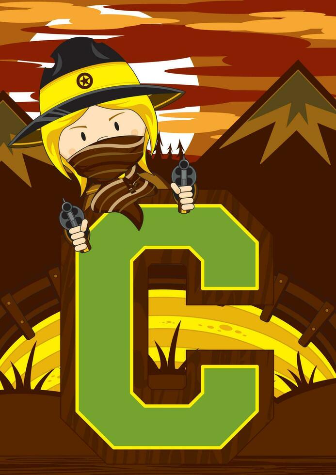 C is for Cowboy Cowgirl Wild West Alphabet Learning Educational Illustration vector