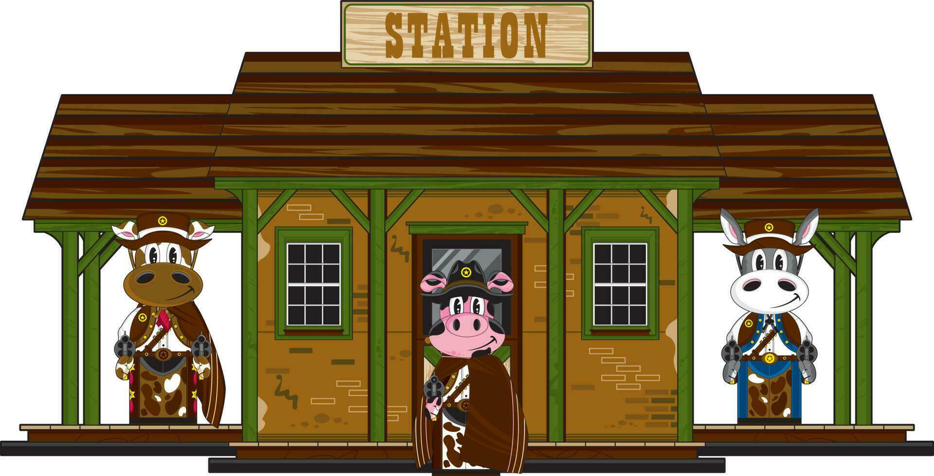 Cute Cartoon Wild West Gunslinging Cowboy Animals at the Station Illustration vector