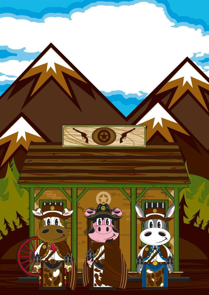 Cute Cartoon Wild West Gunslinging Cowboy Animal  Sheriffs at the Jailhouse with Six Shooter Pistols vector