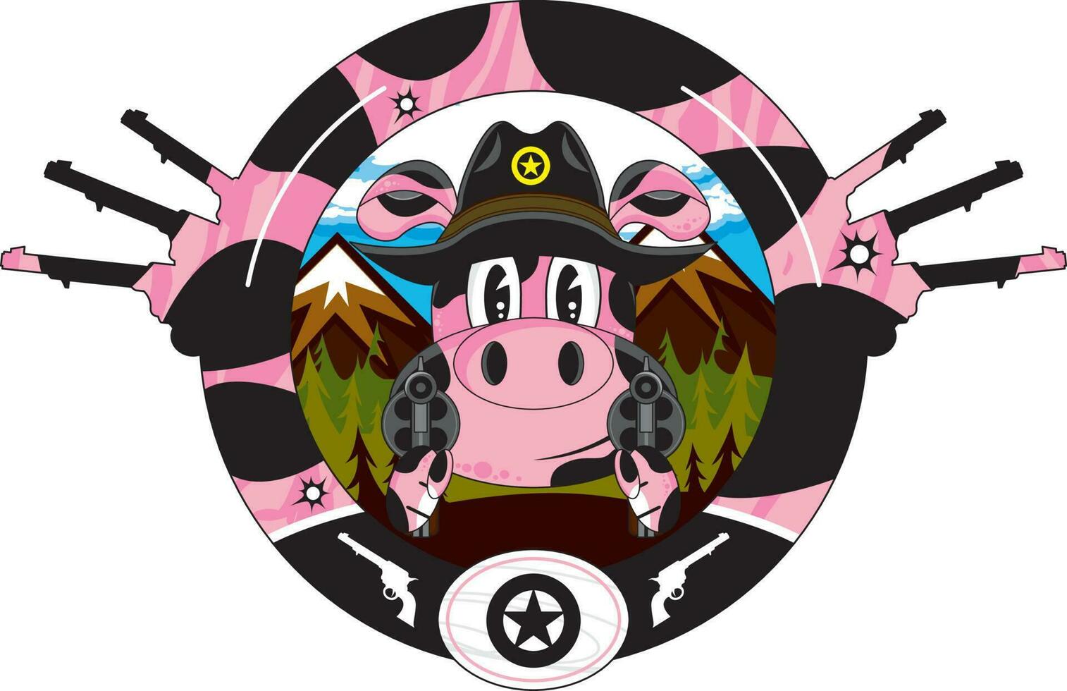 Cute Cartoon Wild West Gunslinging Pig Cowboy Sheriff with Six Shooter Pistols vector