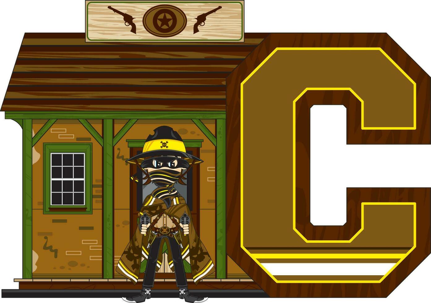 C is for Cowboy at the Jail Wild West Alphabet Learning Educational Illustration vector