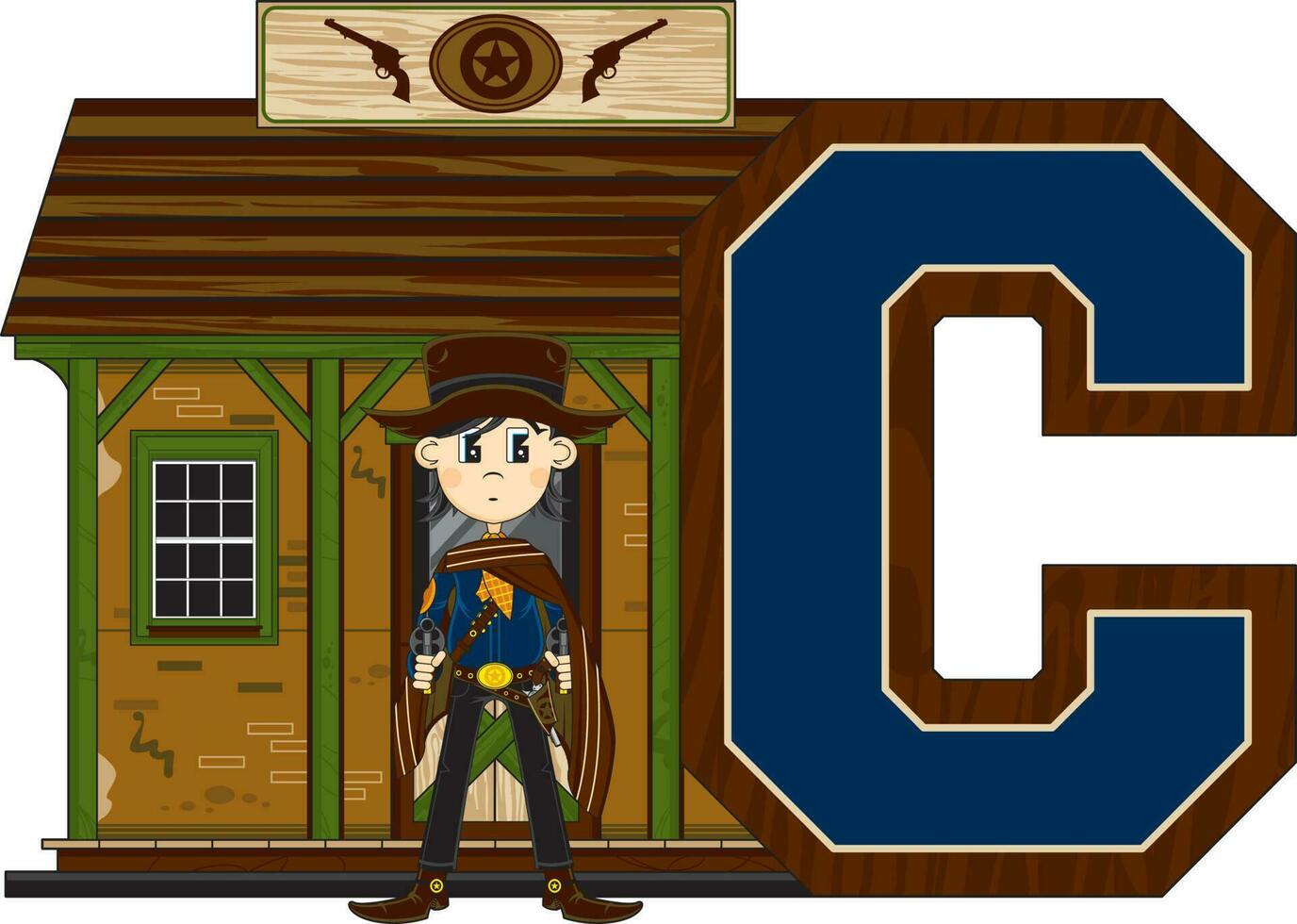 C is for Cowboy at the Jail Wild West Alphabet Learning Educational Illustration vector