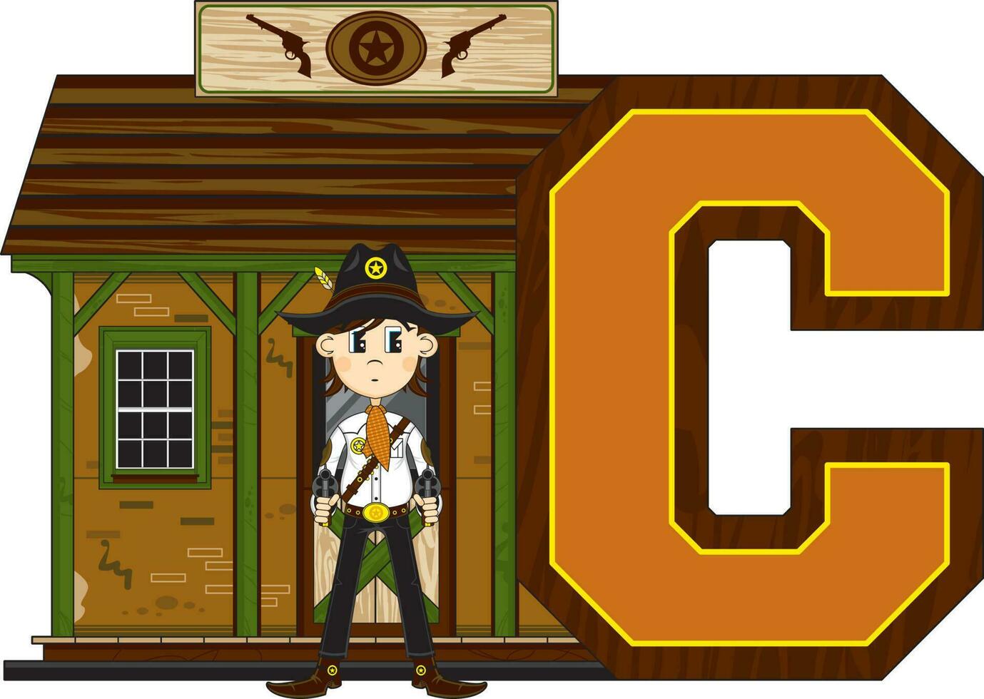 C is for Cowboy at the Jail Wild West Alphabet Learning Educational Illustration vector