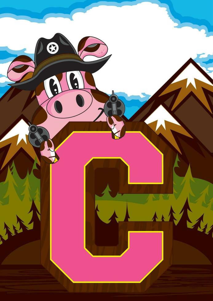 C is for Cowboy Pig Wild West Alphabet Learning Educational Illustration vector