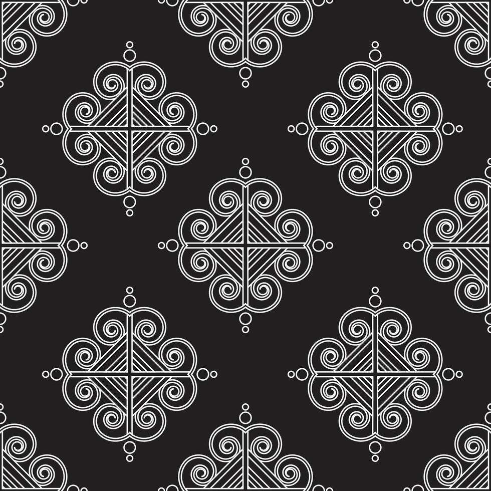 seamless ethnic pattern repeats ikat ogee art floral and geometric elements black and white modern tribal design texture, vintage, fabric, carpet clothing folk Stitch embroidery vector background