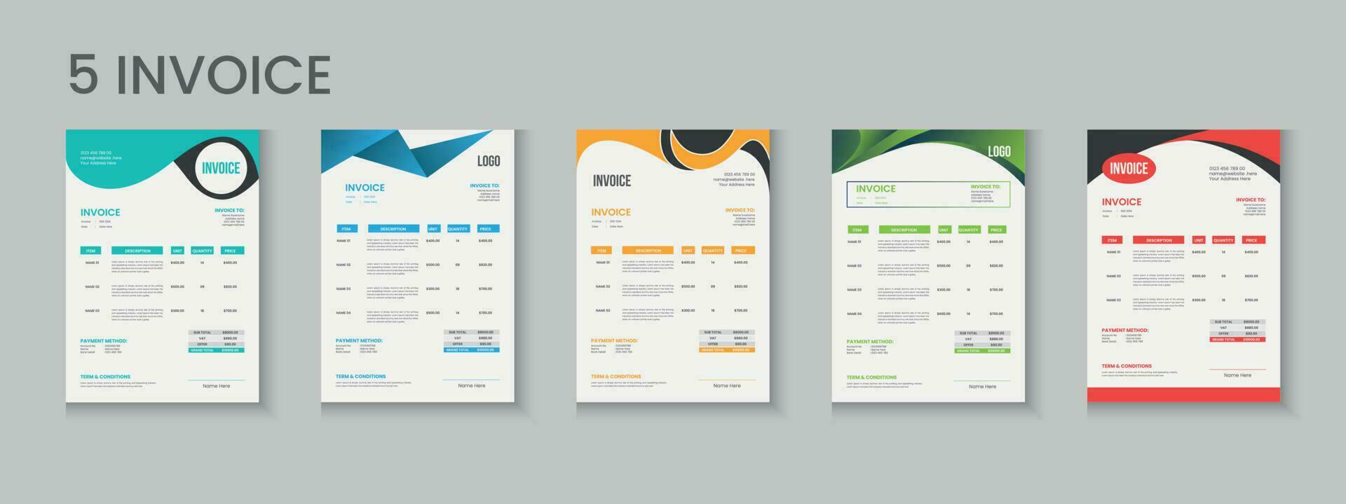 Invoice bundle, invoice collection, invoice set, company billing cash voucher, money receipt cash memo layout design with mockup vector