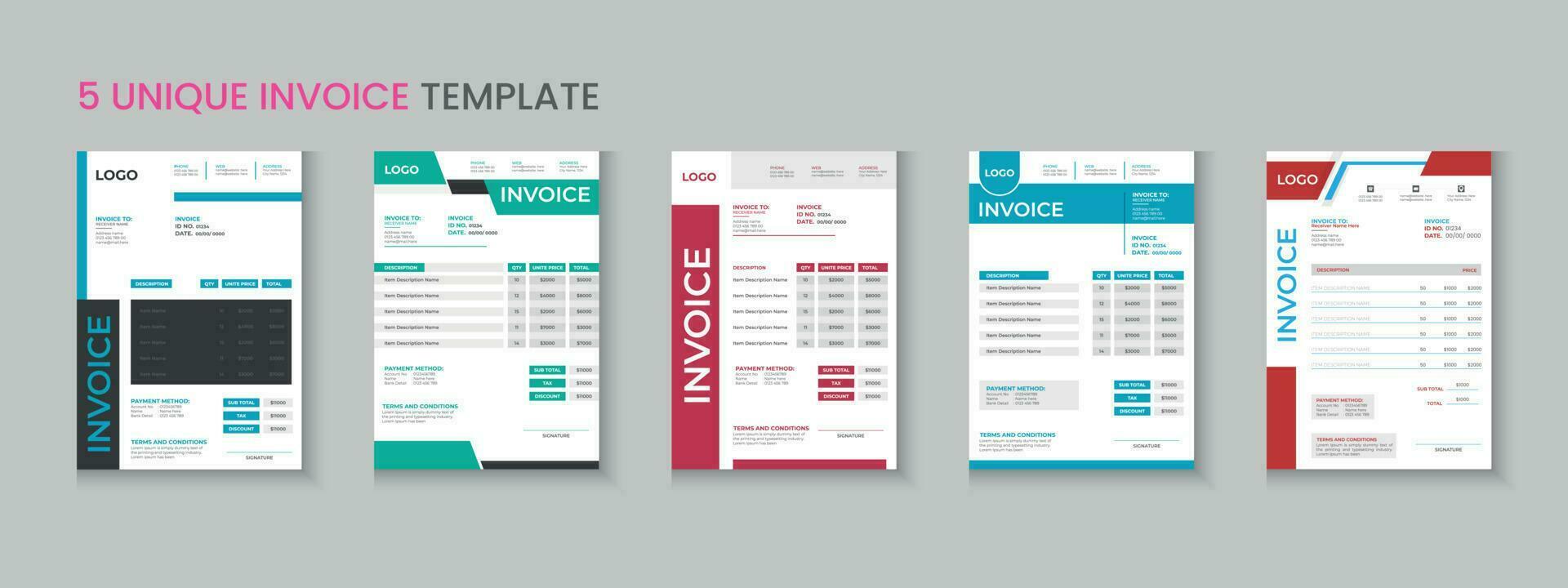 Invoice bundle, invoice collection, invoice set, company billing cash voucher, money receipt cash memo layout design with mockup vector