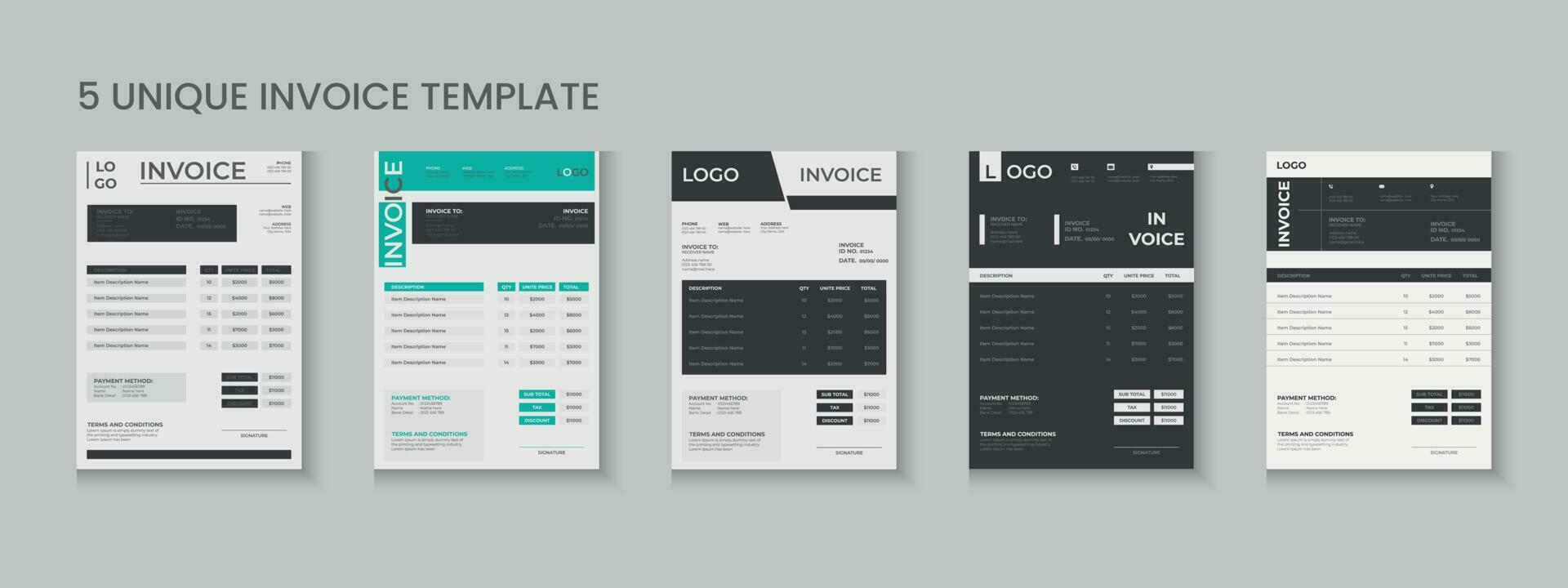 Invoice bundle, invoice collection, invoice set, company billing cash voucher, money receipt cash memo layout design with mockup vector