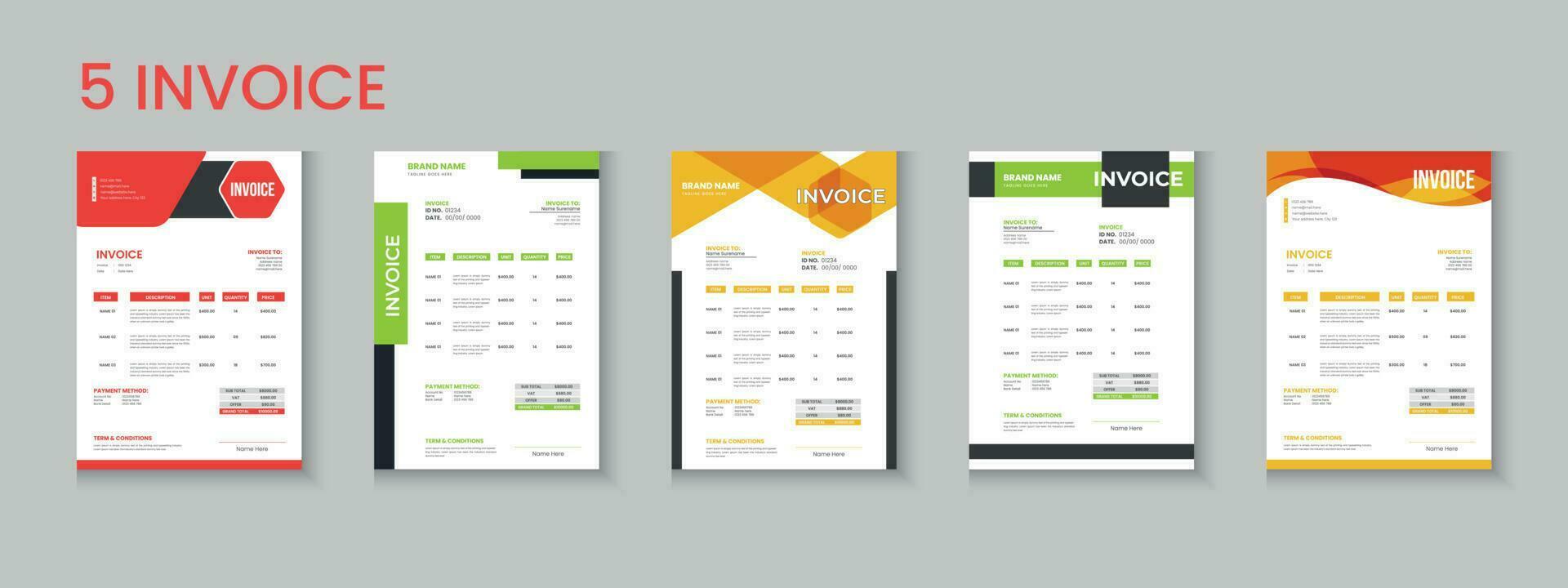 Invoice bundle, invoice collection, invoice set, company billing cash voucher, money receipt cash memo layout design with mockup vector