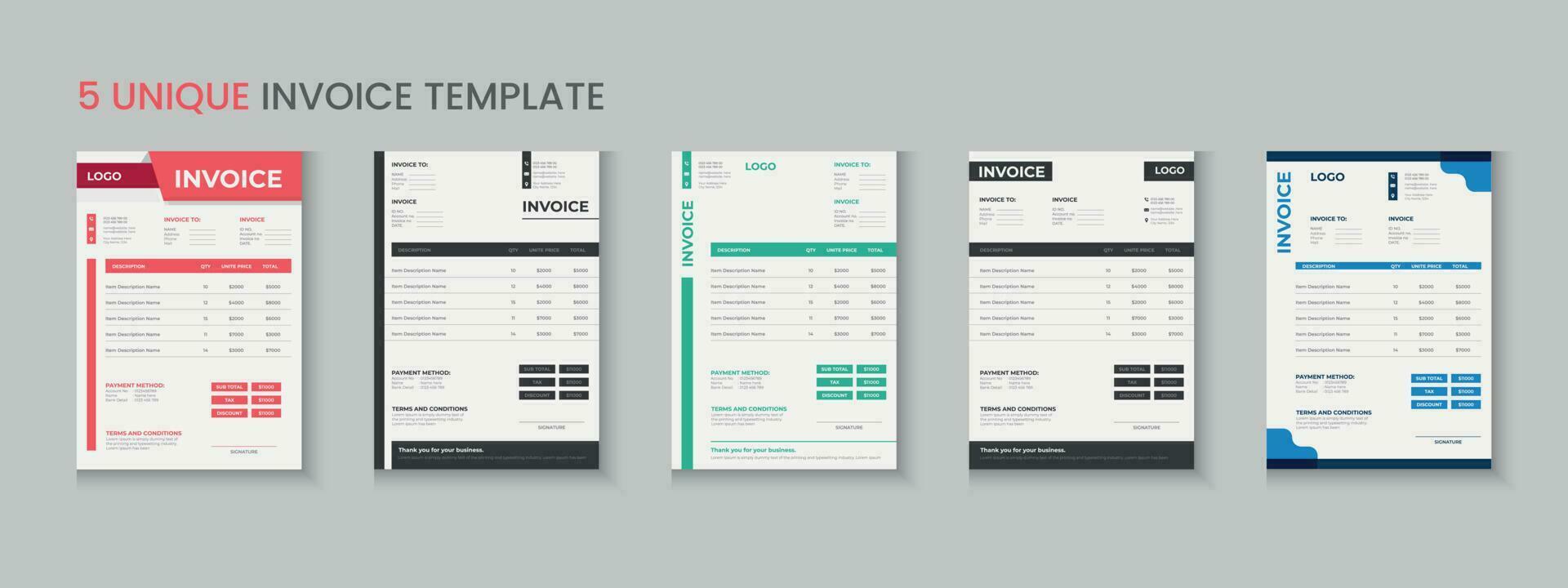 Invoice bundle, invoice collection, invoice set, company billing cash voucher, money receipt cash memo layout design with mockup vector