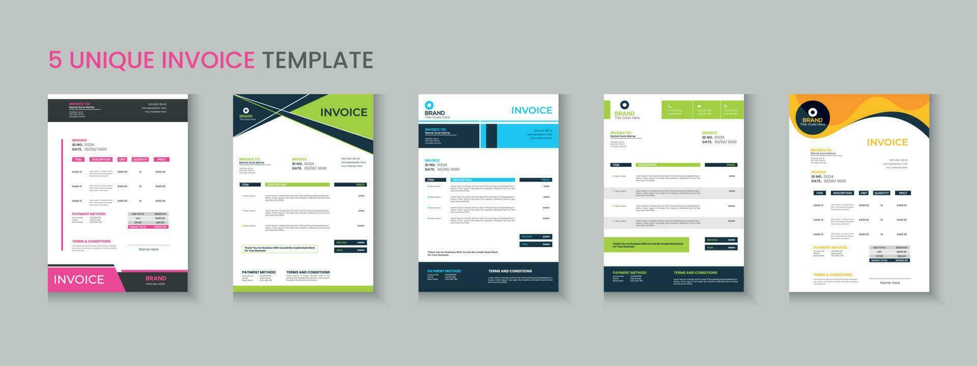 Invoice bundle, invoice collection, invoice set, company billing cash voucher, money receipt cash memo layout design with mockup vector