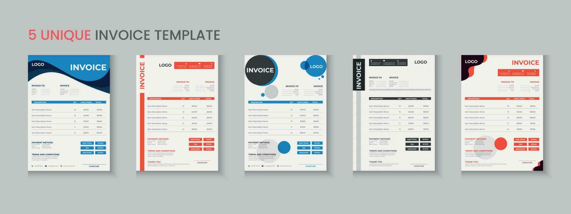 Invoice bundle, invoice collection, invoice set, company billing cash voucher, money receipt cash memo layout design with mockup vector