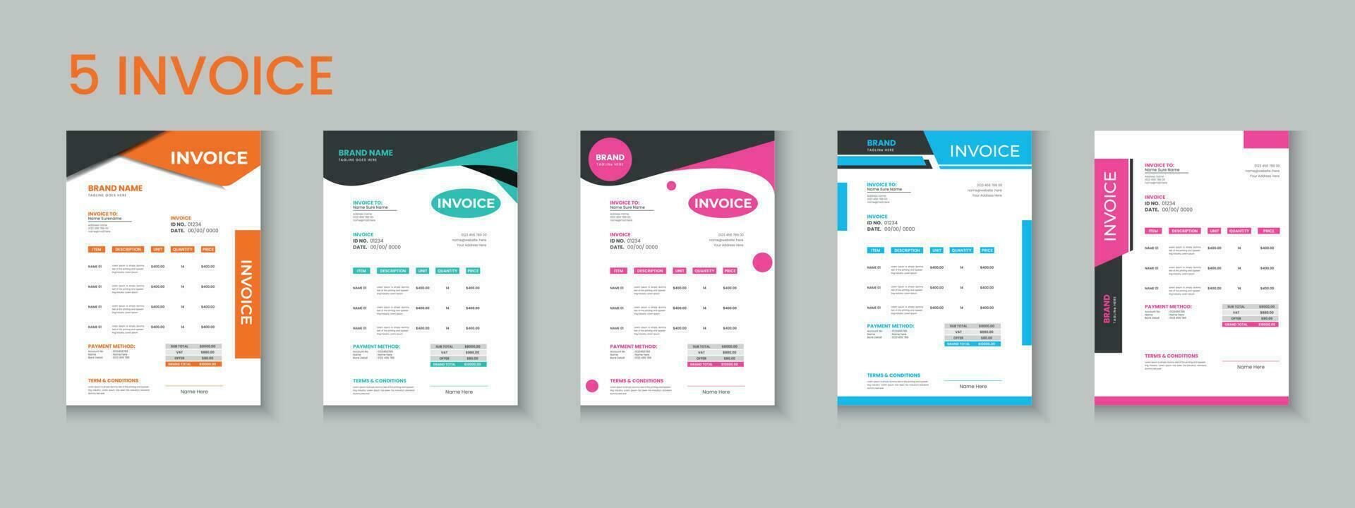 Invoice bundle, invoice collection, invoice set, company billing cash voucher, money receipt cash memo layout design with mockup vector