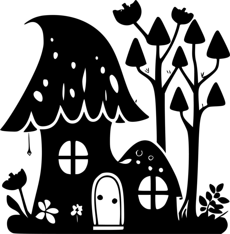 Fairy House, Black and White Vector illustration