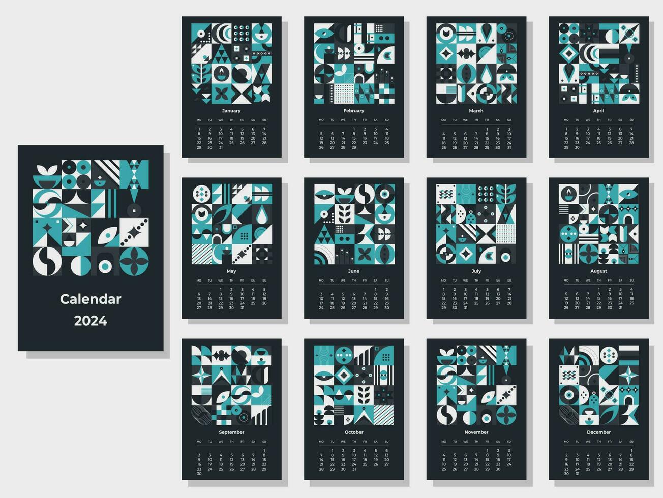Calendar 2024 geometric patterns. Monthly calendar template for 2024 year with geometric shapes. vector