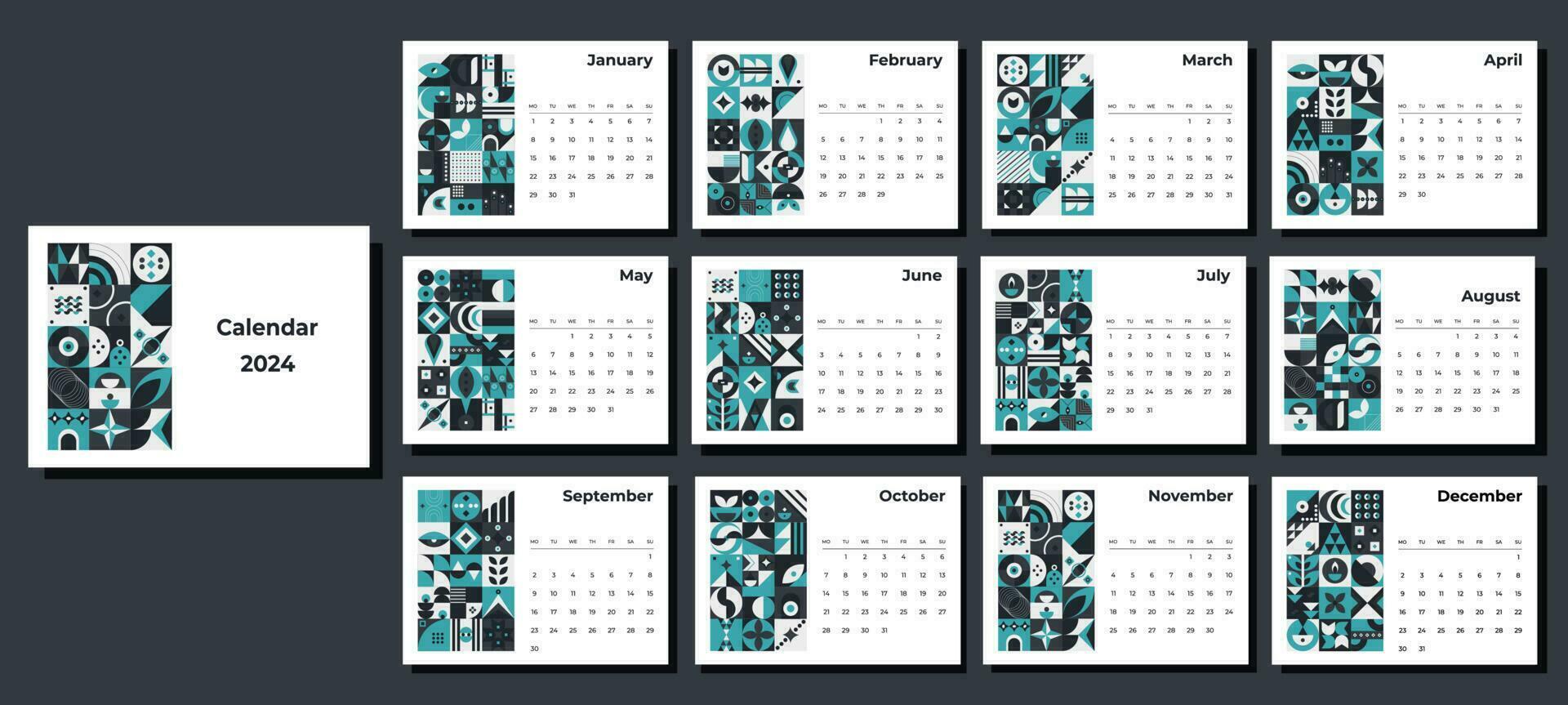 Calendar 2024 geometric patterns. Monthly calendar template for 2024 year with geometric shapes. vector