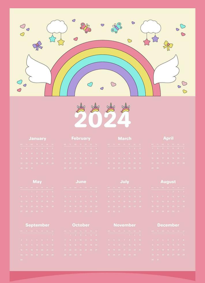 Calendar 2024 pink for a child with elements of unicorn, rainbow, wings, clouds, butterflies, bows, hearts. vector