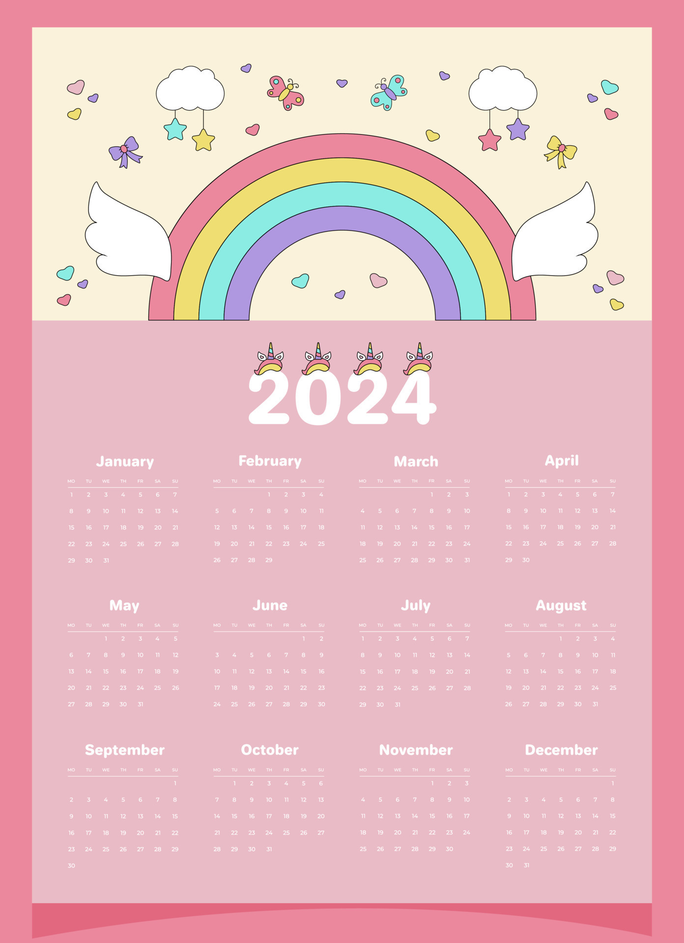calendario 2024 rosado para un niño con elementos de unicornio