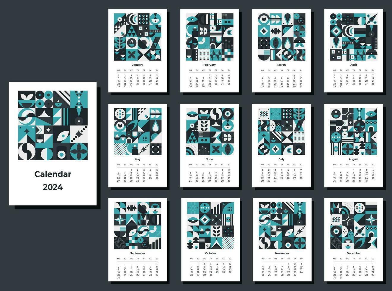 Calendar 2024 geometric patterns. Monthly calendar template for 2024 year with geometric shapes. vector