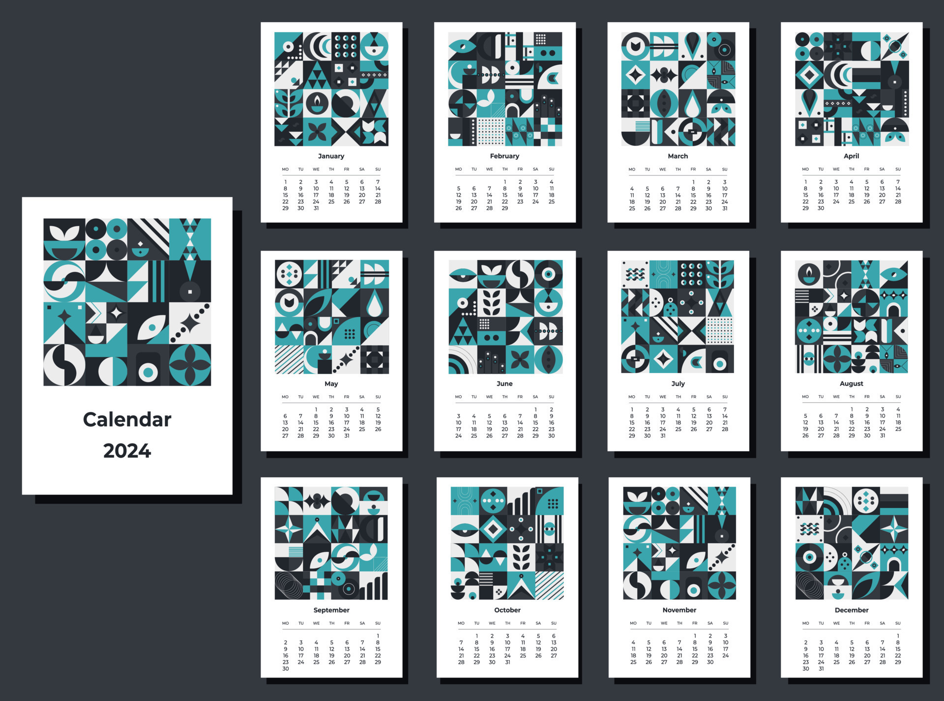 Calendar 2024 geometric patterns. Monthly calendar template for 2024